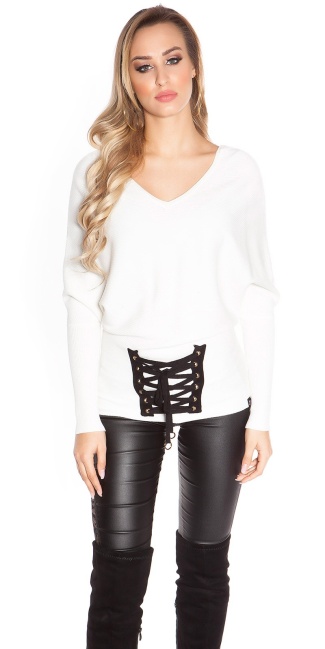 Trendy bat sweater with lacing White